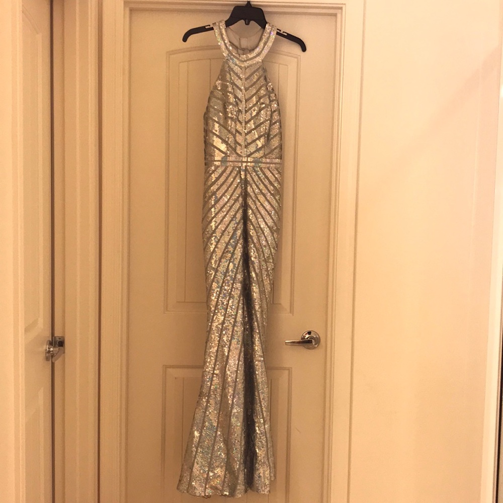 Camille La Vie silver sequin formal dress